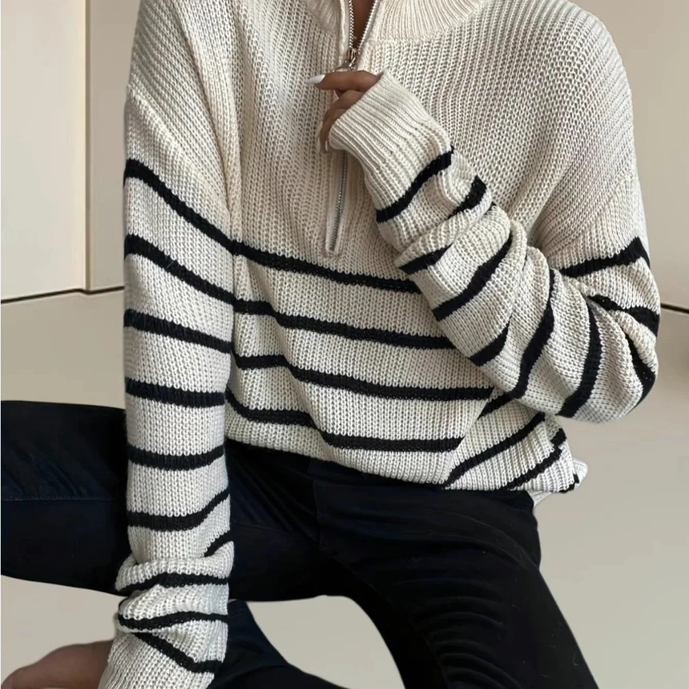 Women’s striped print half zipper sweater